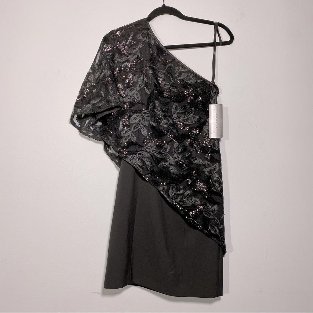 NWT Tahari One-Shoulder Sequin Appliqué Dress